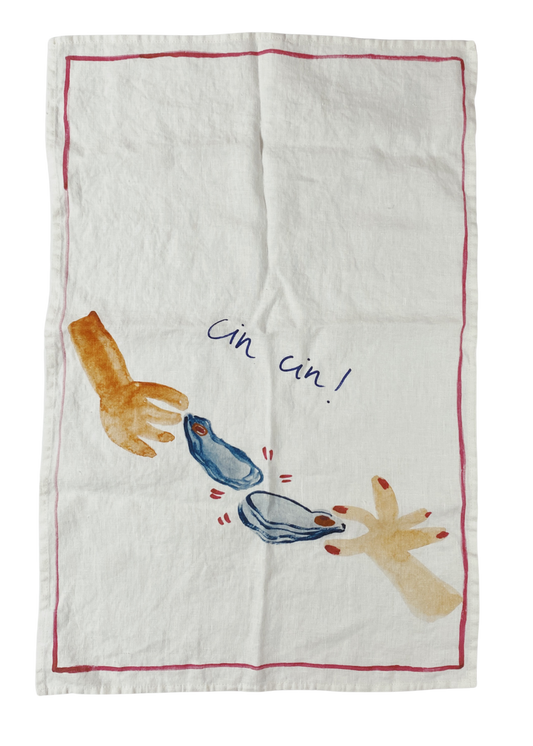 Cin Cin, Oyster Cheers Print Linen Teatowel